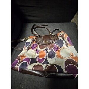 COACH Ashley Logo Scarf Print Sateen Purple Brown Tote Bag Purse F20113